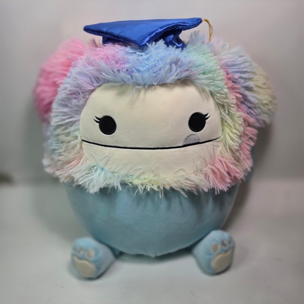 Squishmallows 12in Zozo Bigfoot Graduation Cap Rainbow Mane Teal Plush NWT